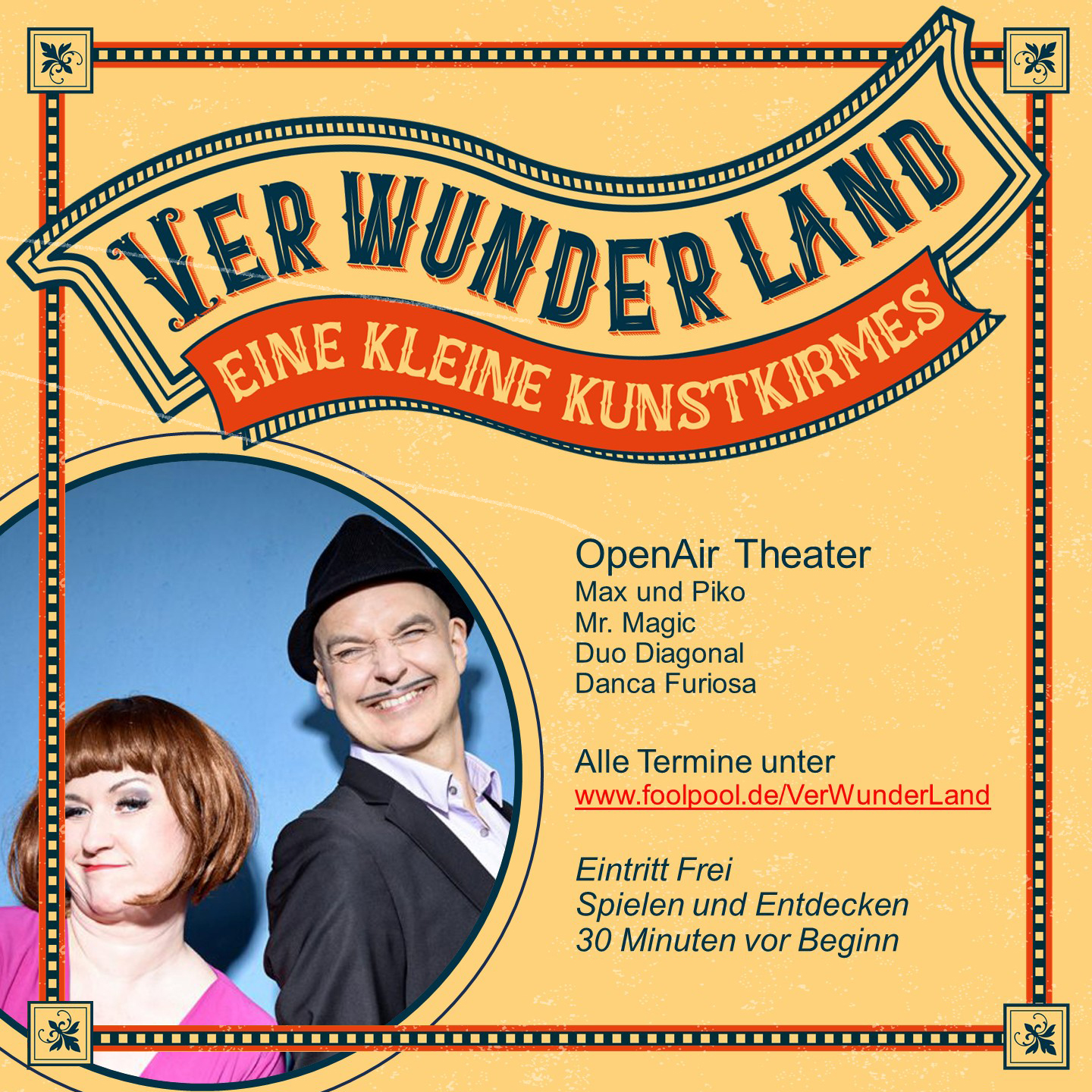 >>> Das VerWunderLand - OpenAir-Theater und Kunstkirmes <<<

WAS: Eine Stunde Show-Programm und zahlreiche Attraktionen, die vor der Vorstellung bestaunt und bespielt werden können.
WO: Hohenzollernplatz, Schwabing-West
WANN: Do 16.10.2025, 17.00 - 18.00 Uhr. Spielen und Entdecken 30 Minuten vor Beginn.
MITBRINGEN: Picknickdecke (+Thermoskanne) und gute Laune.
KOSTEN: Eintritt umsonst. Spenden erwünscht.
MEHR INFOS: www.foolpool.de/VerWunderLand

Keine Anmeldung nötig .
Seid dabei. Wir freuen uns auf Euch.

Unterstützt vom Bezirksauschuss 4 Schwabing-West der Stadt München.

#foolpool #verwunderland #strassentheaterfüralle #theatervorderhaustür #varietevorderhaustür #danzafuriosa #danimisima #tonitoss #mrlopaper #mrmagic #zebrastelzentheater #duodiagonal