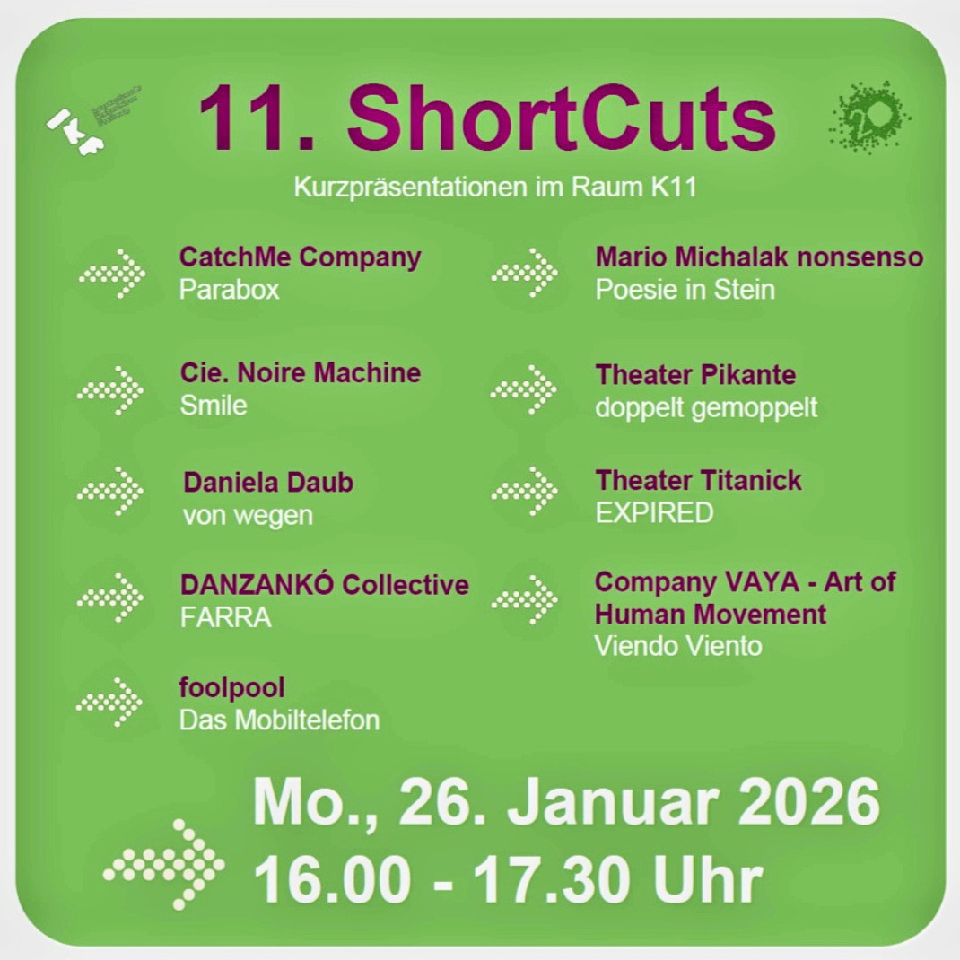 ShortCuts auf der Kulturbörse in Freiburg. Kurzpräsentationen von neuen, interessanten Programmen (Theater im öffentlichen Raum).

Ich (Piko) stelle dort unser neues Programm "Das Mobiltelefon" vor. Schaut vorbei :-)

#foolpool1 #ikf #freiburgerkulturbörse #dasmobiltelefon #telefonzelle
