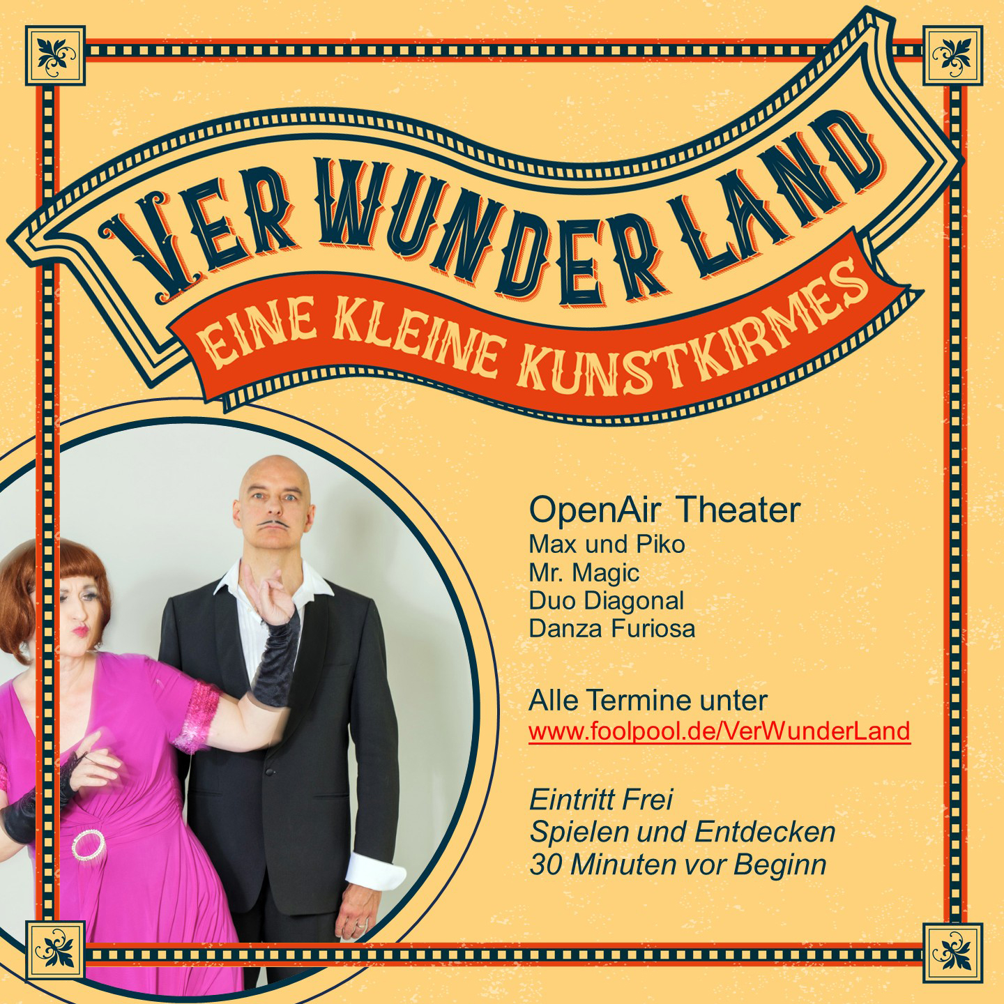 >>> Das VerWunderLand - OpenAir-Theater und Kunstkirmes <<<

WAS: Eine Stunde Show-Programm und zahlreiche Attraktionen, die vor der Vorstellung bestaunt und bespielt werden können.
WO: Ella-Lingens-Platz, Obergiesing
WANN: Sa 18.10.2025, 16.00 - 17.00 Uhr. Spielen und Entdecken 30 Minuten vor Beginn.
MITBRINGEN: Picknickdecke (+Thermoskanne) und gute Laune.
KOSTEN: Eintritt umsonst. Spenden erwünscht.
MEHR INFOS: www.foolpool.de/VerWunderLand

Keine Anmeldung nötig .
Seid dabei. Wir freuen uns auf Euch.

Unterstützt vom Bezirksauschuss 17 Obergiesing-Fasangarten der Stadt München.

#foolpool #verwunderland #strassentheaterfüralle #theatervorderhaustür #varietevorderhaustür #danzafuriosa #danimisima #tonitoss #mrlopaper #mrmagic #zebrastelzentheater #duodiagonal