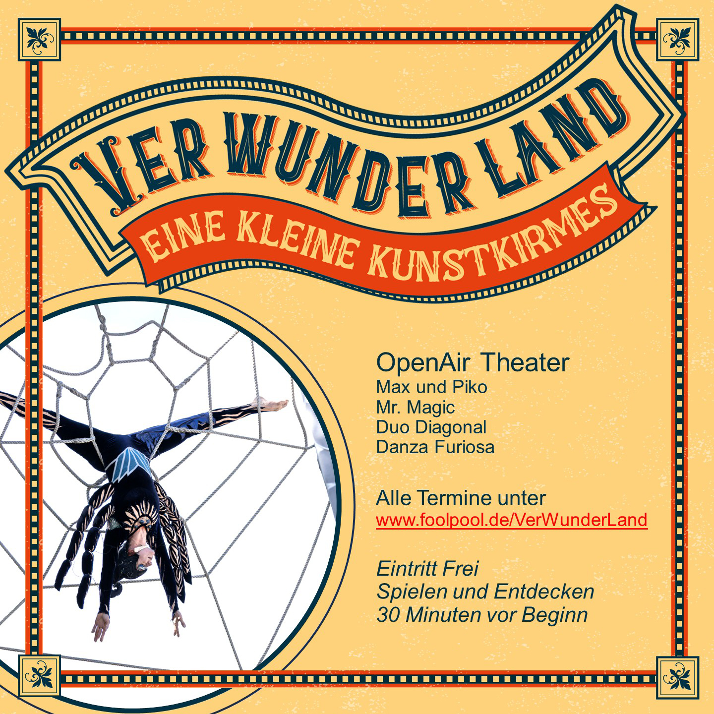>>> Das VerWunderLand - OpenAir-Theater und Kunstkirmes <<<

WAS: Eine Stunde Show-Programm und zahlreiche Attraktionen, die vor der Vorstellung bestaunt und bespielt werden können.
WO: Spielplatz am Silvrettaweg, Fürstenried
WANN: So 19.10.2025, 11.00 - 12.00 Uhr. Spielen und Entdecken 30 Minuten vor Beginn.
MITBRINGEN: Picknickdecke (+Thermoskanne) und gute Laune.
KOSTEN: Eintritt umsonst. Spenden erwünscht.
MEHR INFOS: www.foolpool.de/VerWunderLand

Keine Anmeldung nötig .
Seid dabei. Wir freuen uns auf Euch.

Unterstützt vom Bezirksauschuss 19 Fürstenried der Stadt München.

#foolpool #verwunderland #strassentheaterfüralle #theatervorderhaustür #varietevorderhaustür #danzafuriosa #danimisima #tonitoss #mrlopaper #mrmagic #zebrastelzentheater #duodiagonal
