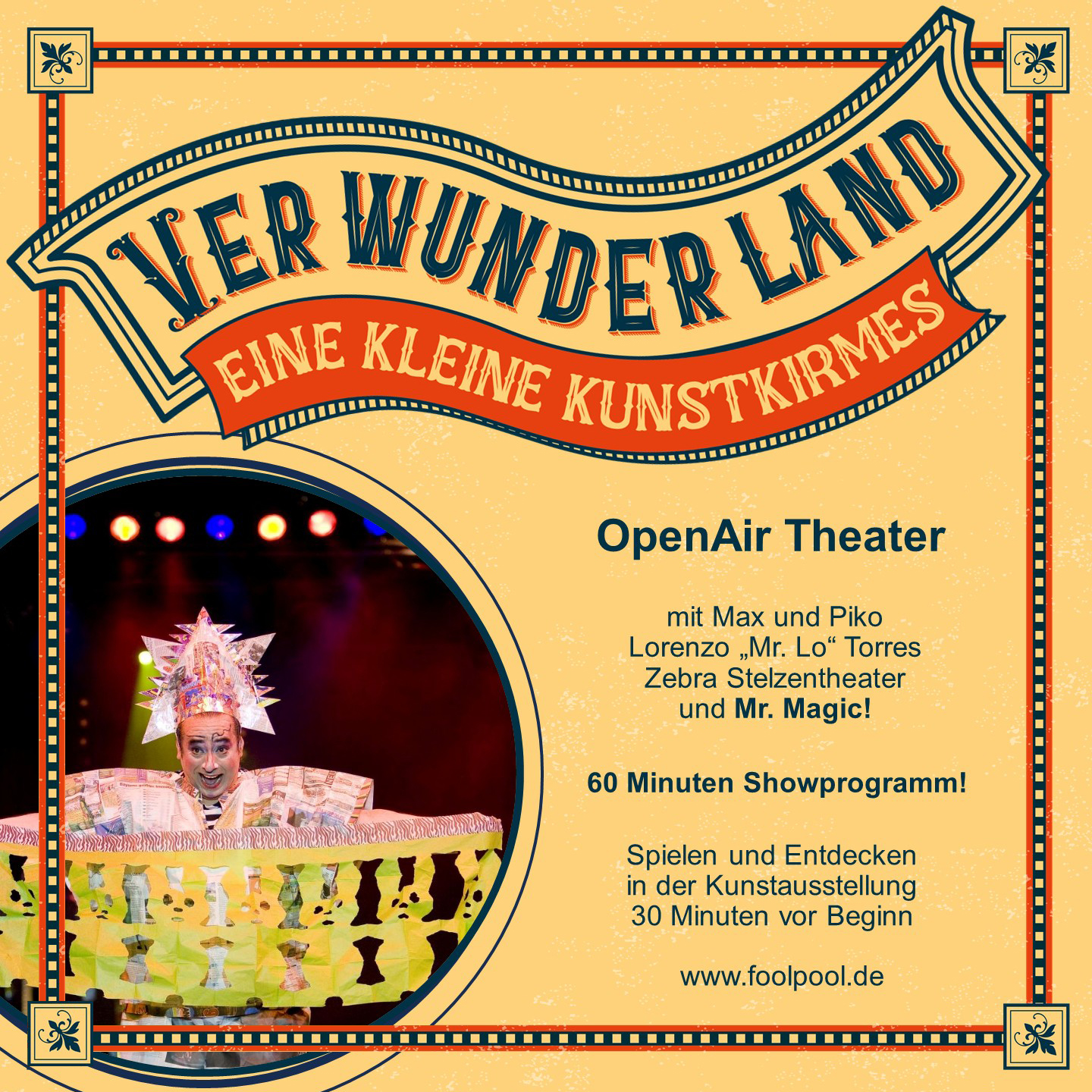Leider müssen wir den Termin wegen Regen absagen.... Der Ersatztermin ist am Fr 31.12.2035 um 15.30 Uhr.

>>> Das VerWunderLand - OpenAir-Theater und Kunstkirmes <<<

WAS: Eine Stunde Show-Programm und zahlreiche Attraktionen, die vor der Vorstellung bestaunt und bespielt werden können.
WO: Blodigstraße 4 (vor dem Kulturzentrum 2411, U-Bahn Hasenbergl)
WANN: Sa 25.10.2025, 16.00 - 17.00 Uhr. Spielen und Entdecken 30 Minuten vor Beginn.
MITBRINGEN: Picknickdecke (+Thermoskanne) und gute Laune.
KOSTEN: Eintritt umsonst. Spenden erwünscht.
MEHR INFOS: www.foolpool.de/VerWunderLand

Keine Anmeldung nötig .
Seid dabei. Wir freuen uns auf Euch.

Unterstützt vom Bezirksauschuss 24 Feldmoching-Hasenbergl der Stadt München.

#foolpool #verwunderland #strassentheaterfüralle #theatervorderhaustür #varietevorderhaustür #danzafuriosa #danimisima #tonitoss #mrlopaper #mrmagic #zebrastelzentheater #duodiagonal