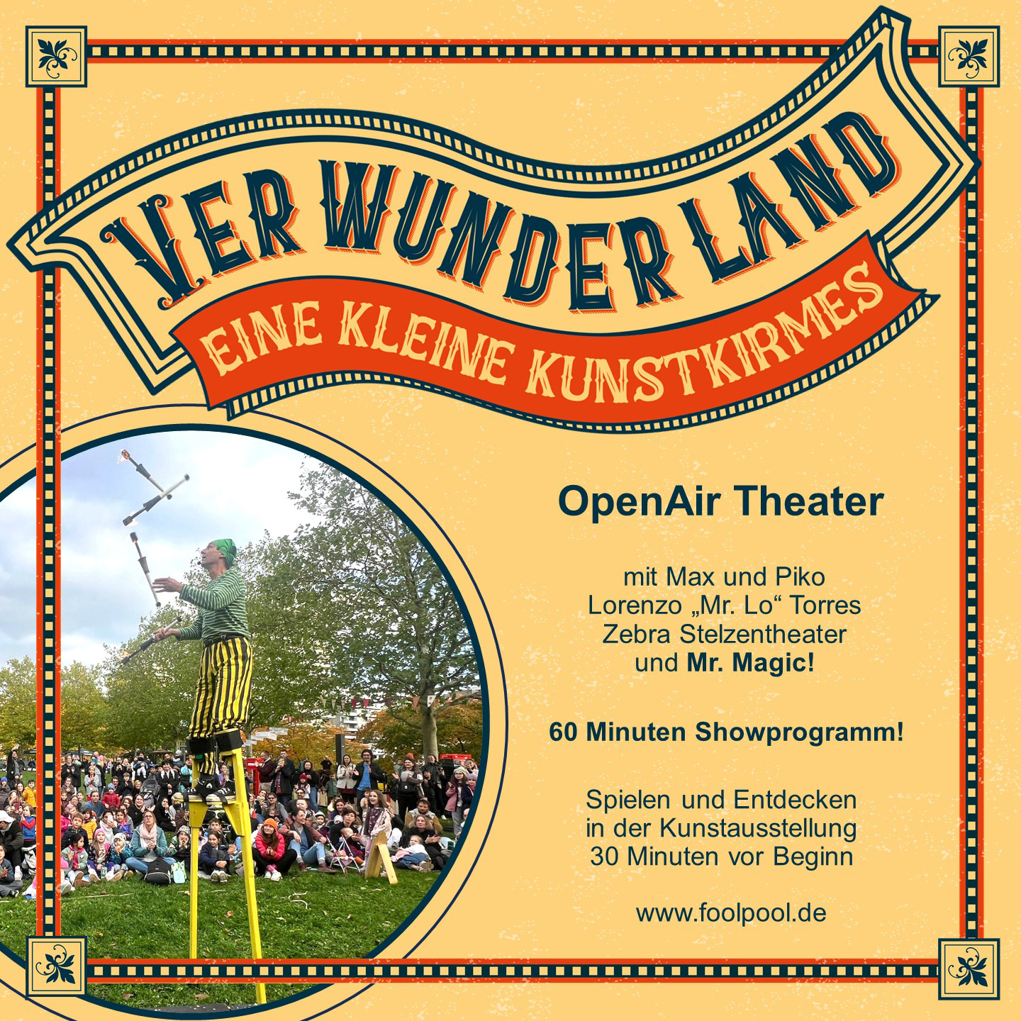 >>> Das VerWunderLand - OpenAir-Theater und Kunstkirmes <<<

WAS: Eine Stunde Show-Programm und zahlreiche Attraktionen, die vor der Vorstellung bestaunt und bespielt werden können.
WO: Park am Hartmannhofer Bächl, Moosach
WANN: Sa 25.10.2025, 11.00 - 12.00 Uhr. Spielen und Entdecken 30 Minuten vor Beginn.
MITBRINGEN: Picknickdecke (+Thermoskanne) und gute Laune.
KOSTEN: Eintritt umsonst. Spenden erwünscht.
MEHR INFOS: www.foolpool.de/VerWunderLand

Keine Anmeldung nötig .
Seid dabei. Wir freuen uns auf Euch.

Unterstützt vom Bezirksauschuss 10 Moosach der Stadt München.

#foolpool #verwunderland #strassentheaterfüralle #theatervorderhaustür #varietevorderhaustür #danzafuriosa #danimisima #tonitoss #mrlopaper #mrmagic #zebrastelzentheater #duodiagonal