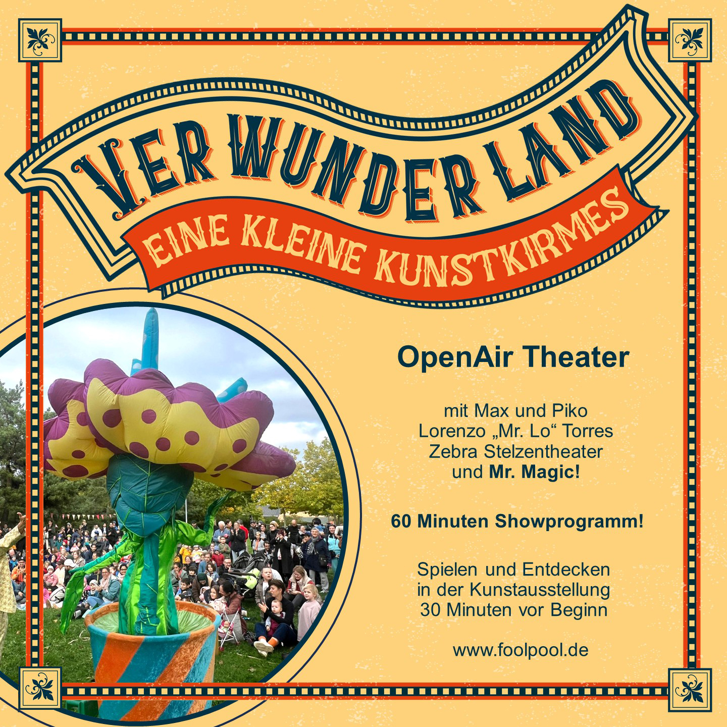 Diesen Auftritt müssen wir wegen des schlechten Wetters leider absagen.
Der neue Termin ist am Mittwoch, 29. Oktober 2025 um 15.30 Uhr. Gleicher Ort!

>>> Das VerWunderLand - OpenAir-Theater und Kunstkirmes <<<

WAS: Eine Stunde Show-Programm und zahlreiche Attraktionen, die vor der Vorstellung bestaunt und bespielt werden können.
WO: Spielplatz an der Baierbrunnerstraße 86, Obersendling
WANN: Do 23.10.2025, 16.30 - 17.30 Uhr. Spielen und Entdecken 30 Minuten vor Beginn.
MITBRINGEN: Picknickdecke (+Thermoskanne) und gute Laune.
KOSTEN: Eintritt umsonst. Spenden erwünscht.
MEHR INFOS: www.foolpool.de/VerWunderLand

Keine Anmeldung nötig .
Seid dabei. Wir freuen uns auf Euch.

Unterstützt vom Bezirksauschuss 19 Obersendling der Stadt München.

#foolpool #verwunderland #strassentheaterfüralle #theatervorderhaustür #varietevorderhaustür #danzafuriosa #danimisima #tonitoss #mrlopaper #mrmagic #zebrastelzentheater #duodiagonal